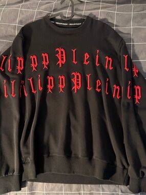 Philipp Plein Black Crewneck Sweatshirt with Red Gothic Logo